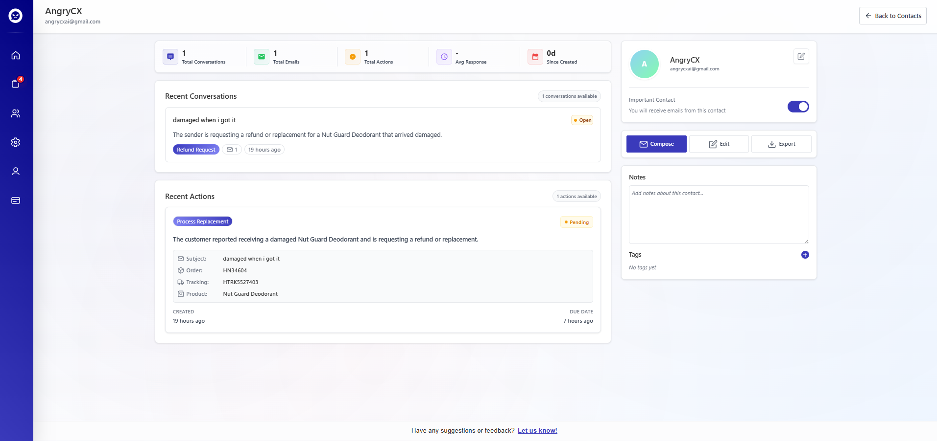 ACX Contact Profile - Detailed customer information with conversation history